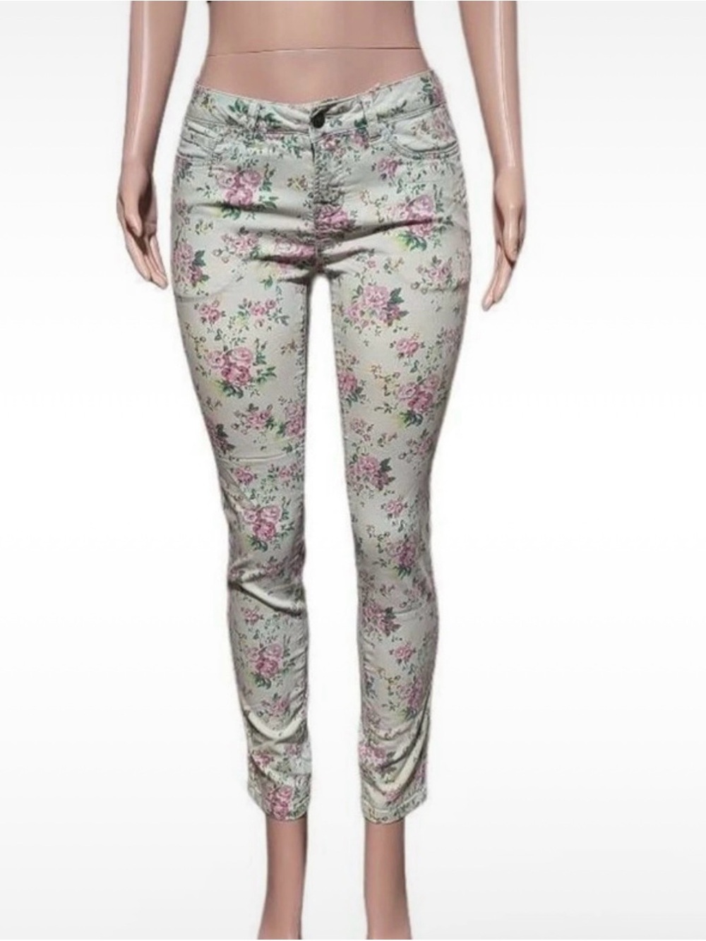 Floral Print Skinny Jeans mid rise Pink Green on Cream S